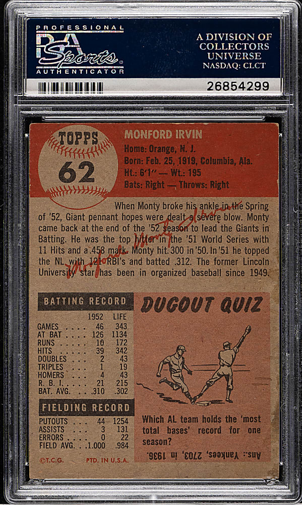 1953 Topps #62 Monte Irvin PSA EX 5