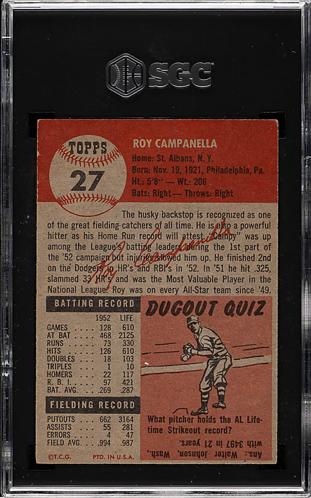 1953 Topps #27 Roy Campanella SGC VG/EX+ 4.5