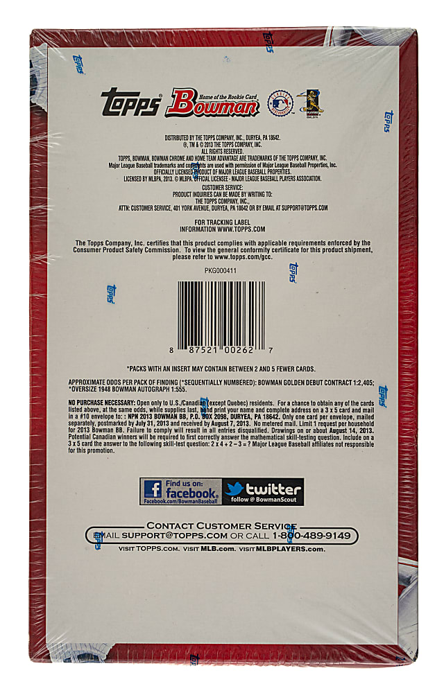 2013 Bowman Unopened Jumbo-HTA Hobby Box (12 Packs)