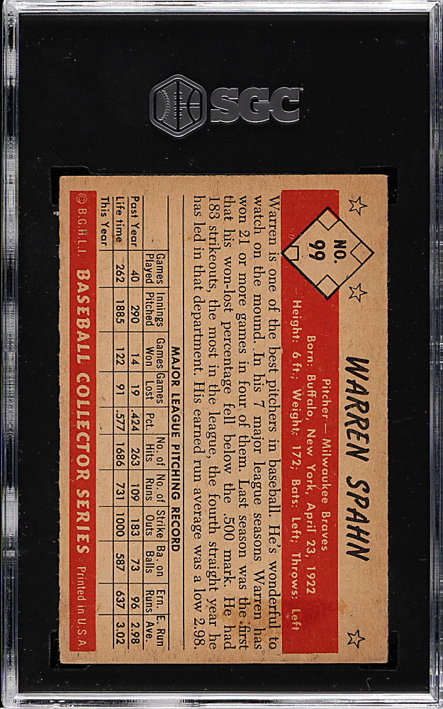 1953 Bowman Color #99 Warren Spahn SGC VG/EX 4
