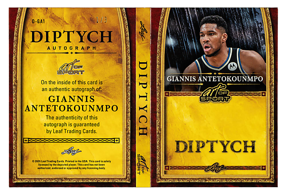 2026 Leaf Art of Sport Diptych Booklet Autographs #D-GA1 Giannis Antetokounmpo Red #1/3