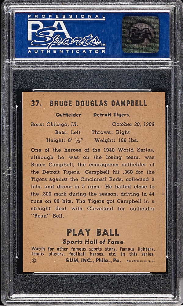 1941 R336 Play Ball #37 Bruce Campbell PSA MINT 9 (OC)