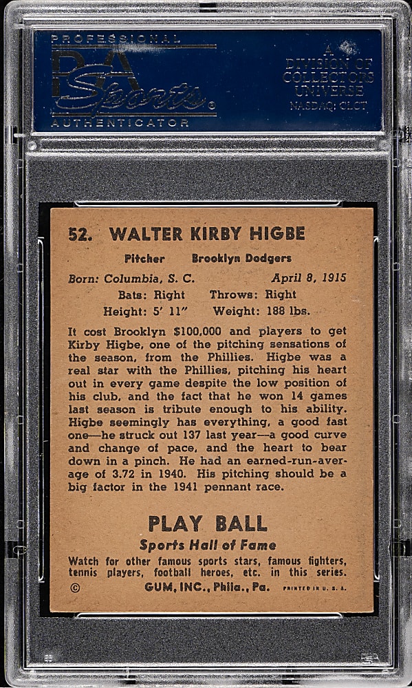 1941 R336 Play Ball #52 Walter Higbe PSA NM-MT 8 (OC)