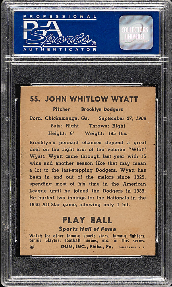 1941 R336 Play Ball #55 Whit Wyatt PSA NM 7
