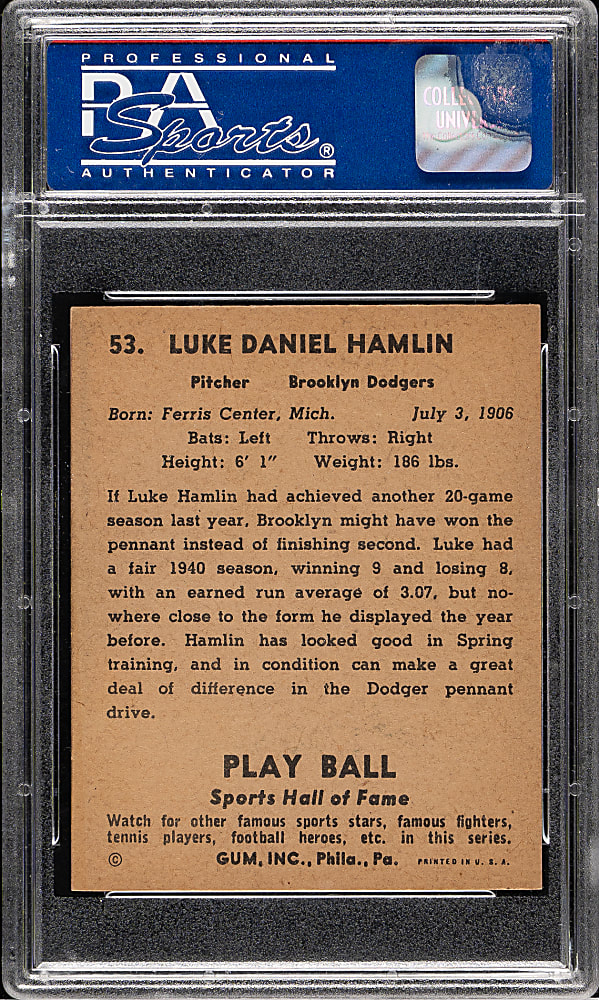 1941 R336 Play Ball #53 Luke Hamlin PSA NM 7