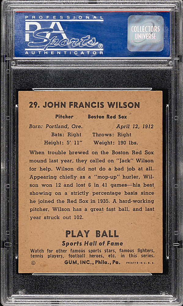 1941 R336 Play Ball #29 Jack Wilson PSA EX-MT 6 (MK)