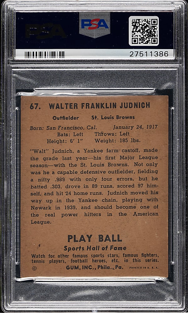 1941 R336 Play Ball #67 Walt Judnich PSA EX-MT 6