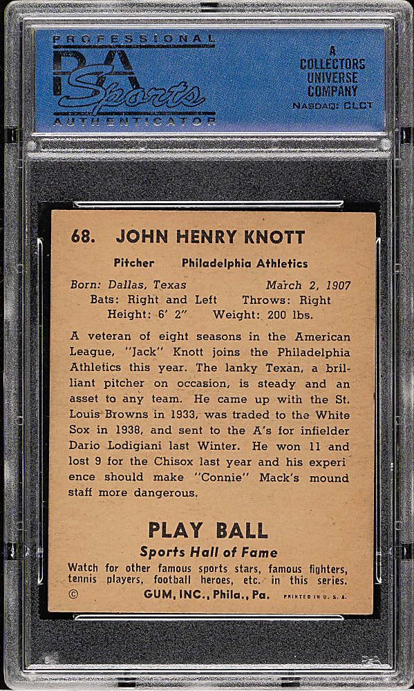 1941 R336 Play Ball #68 Jack Knott PSA EX-MT 6