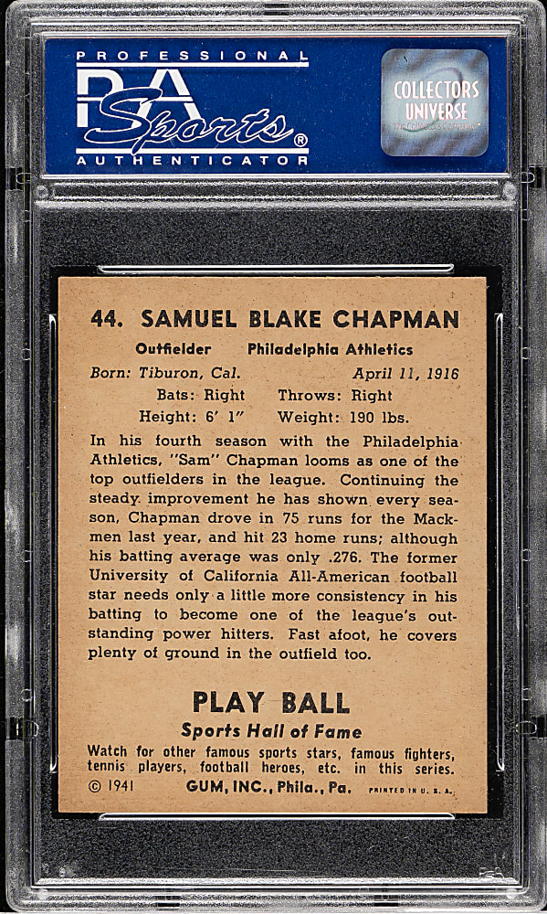 1941 R336 Play Ball #44 Sam Chapman PSA EX-MT 6
