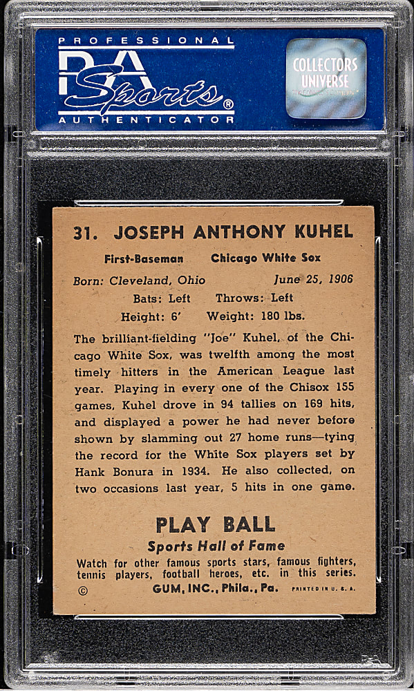 1941 R336 Play Ball #31 Joe Kuhel PSA EX-MT 6