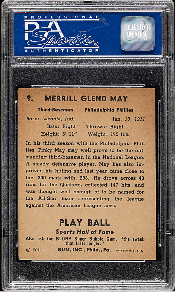 1941 R336 Play Ball #9 Pinky May PSA EX-MT 6
