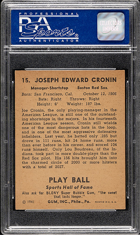 1941 R336 Play Ball #15 Joe Cronin PSA EX-MT 6