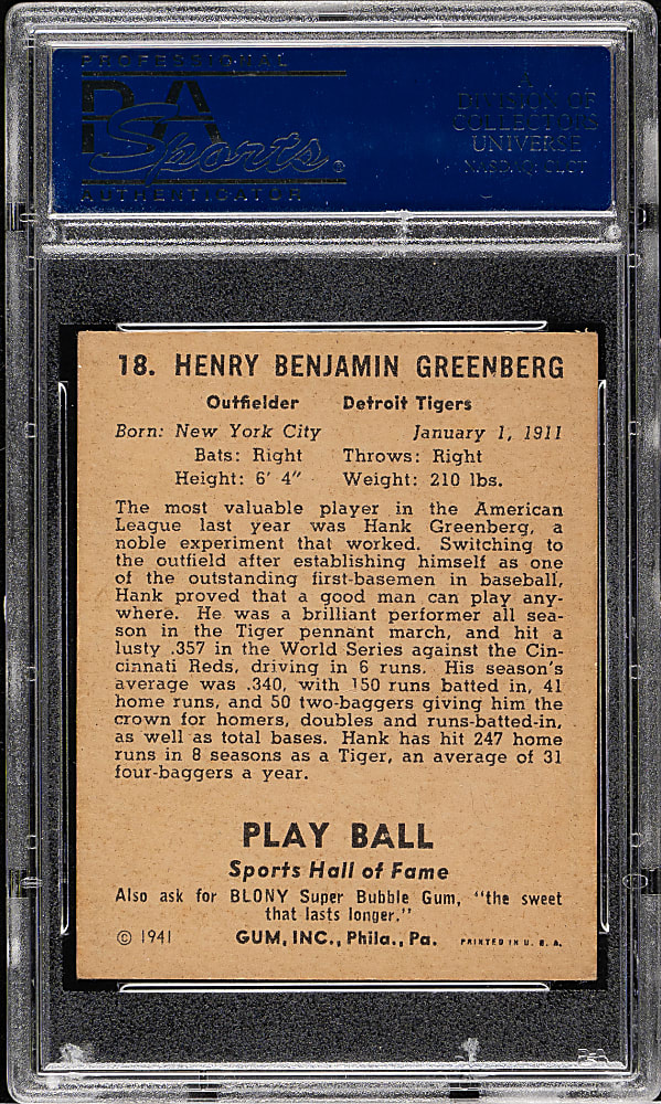 1941 R336 Play Ball #18 Hank Greenberg PSA EX-MT 6