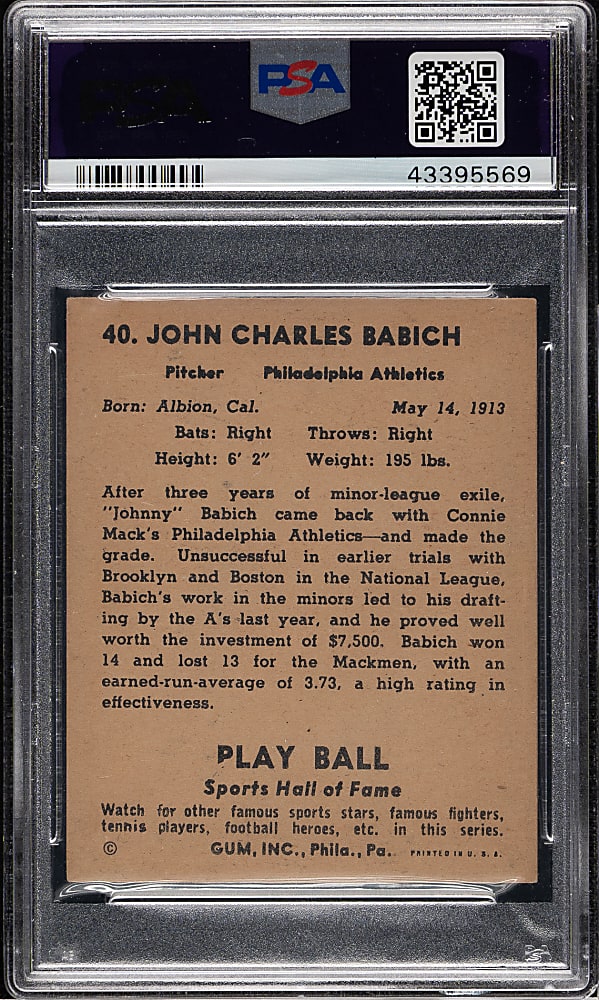 1941 R336 Play Ball #40 Johnny Babich PSA EX-MT 6