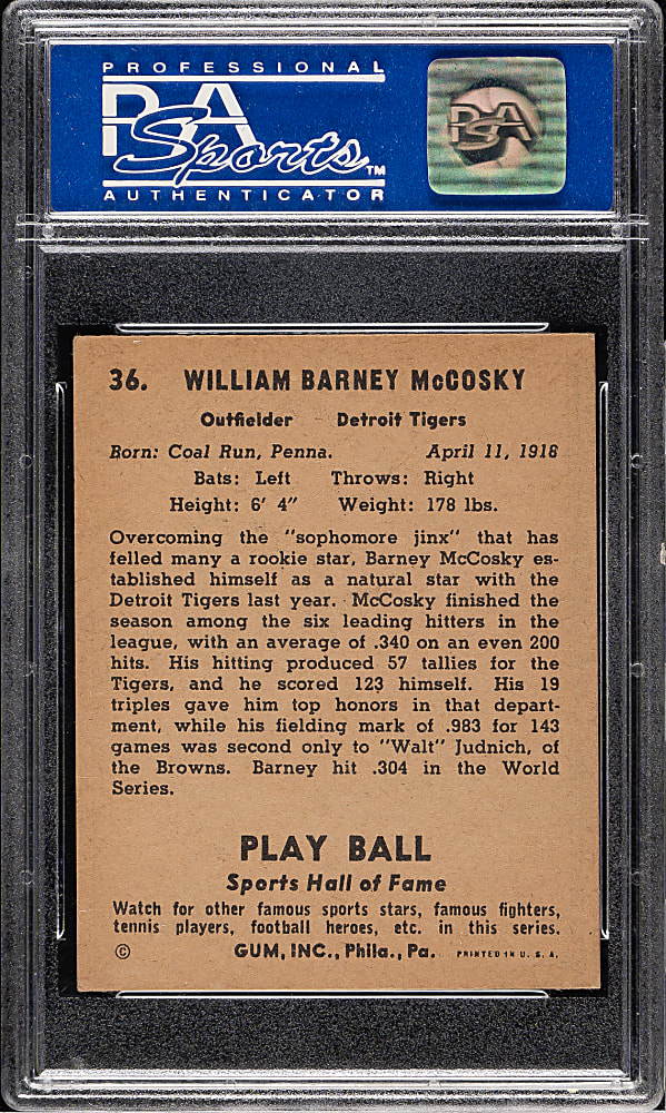 1941 R336 Play Ball #36 Barney McCosky PSA EX-MT 6
