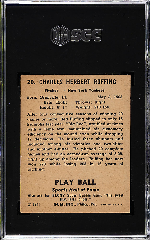 1941 R336 Play Ball #20 Red Ruffing SGC EX 5