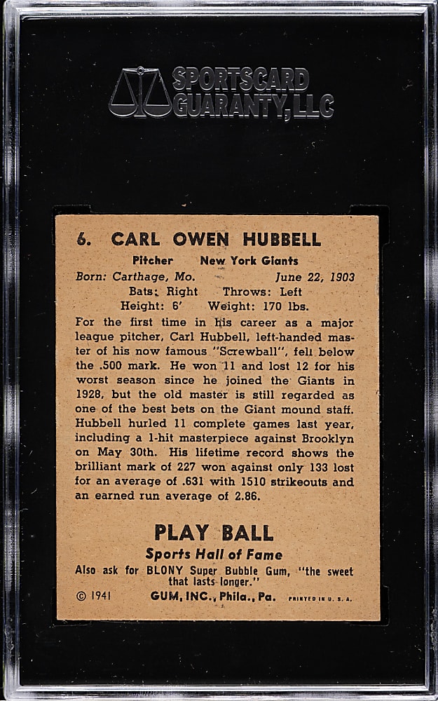 1941 R336 Play Ball #6 Carl Hubbell SGC VG/EX 4
