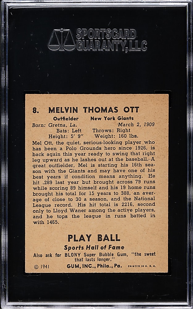 1941 R336 Play Ball #8 Mel Ott SGC VG/EX 4