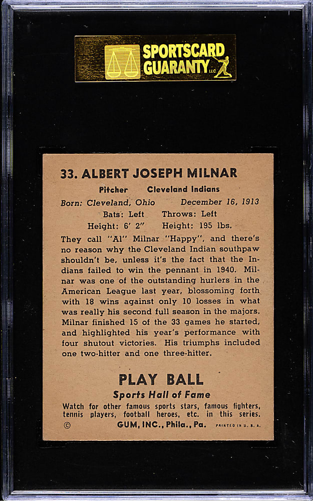 1941 R336 Play Ball #33 Happy Milnar SGC EX+ 70