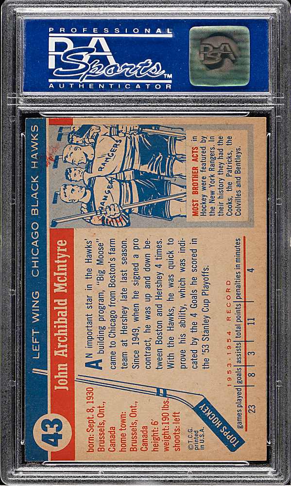 1954-1955 Topps Hockey #43 Jack McIntyre PSA NM-MT 8