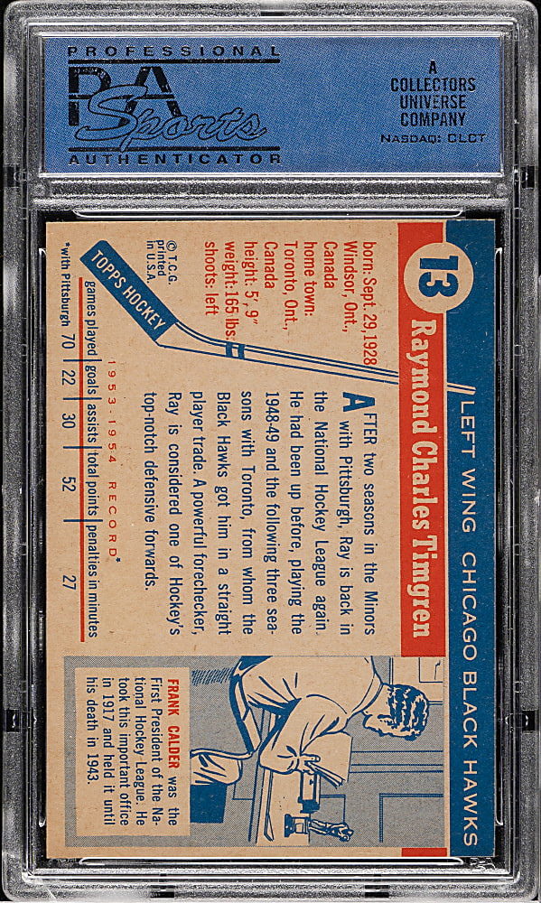 1954-1955 Topps Hockey #13 Ray Timgren PSA NM-MT 8