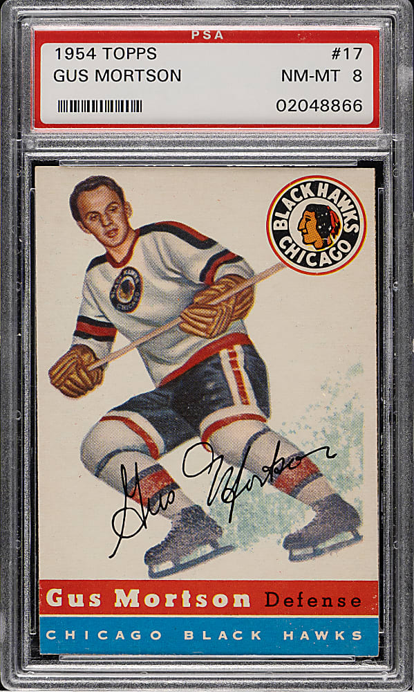 1954-1955 Topps Hockey #17 Gus Mortson PSA NM-MT 8