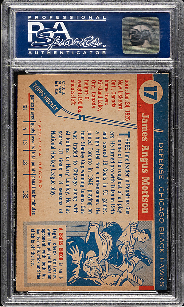 1954-1955 Topps Hockey #17 Gus Mortson PSA NM-MT 8