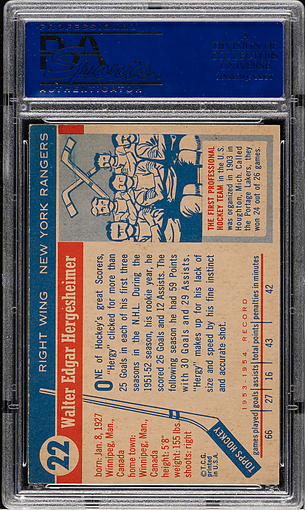 1954-1955 Topps Hockey #22 Wally Hergesheimer PSA NM-MT 8