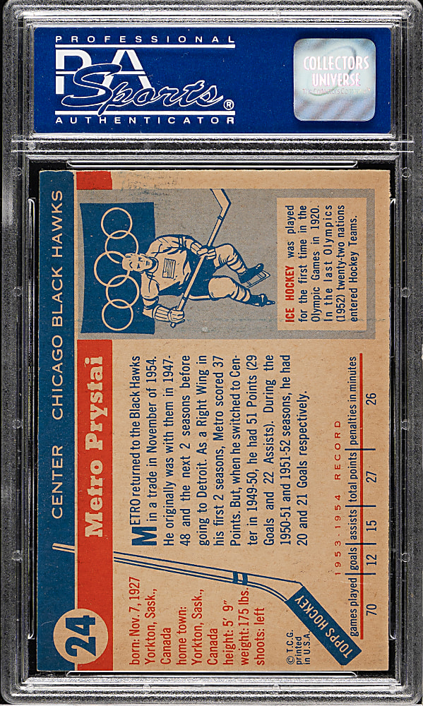 1954-1955 Topps Hockey #24 Metro Prystai PSA NM-MT 8