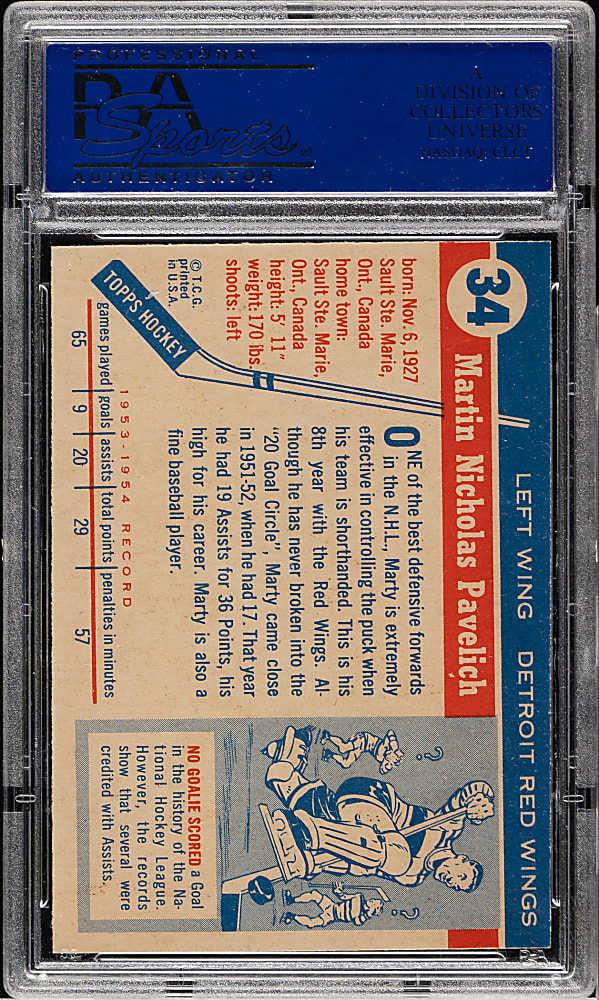 1954-1955 Topps Hockey #34 Marty Pavelich PSA NM-MT 8
