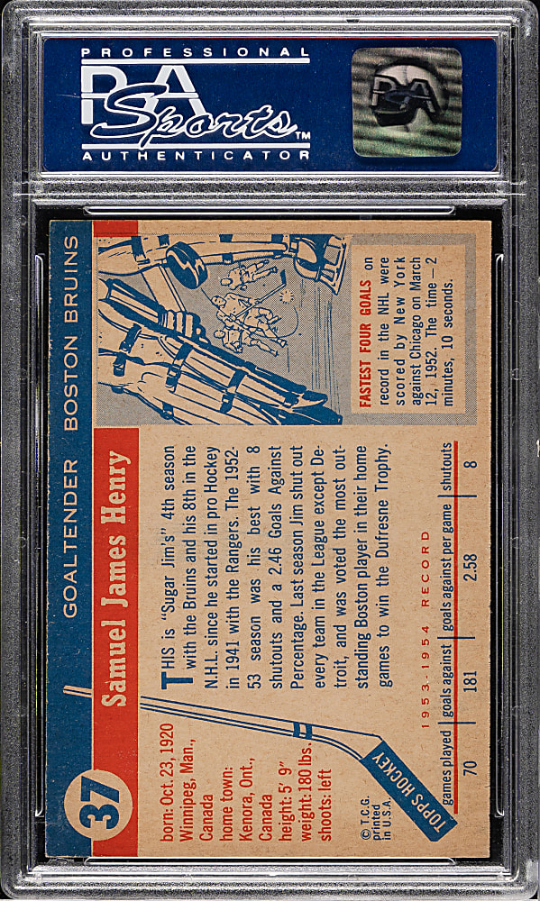 1954-1955 Topps Hockey #37 Jim Henry PSA NM-MT 8