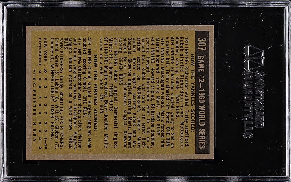 1961 Topps #307 World Series Game 2 Mickey Mantle Slams 2 Homers SGC NM/MT 88