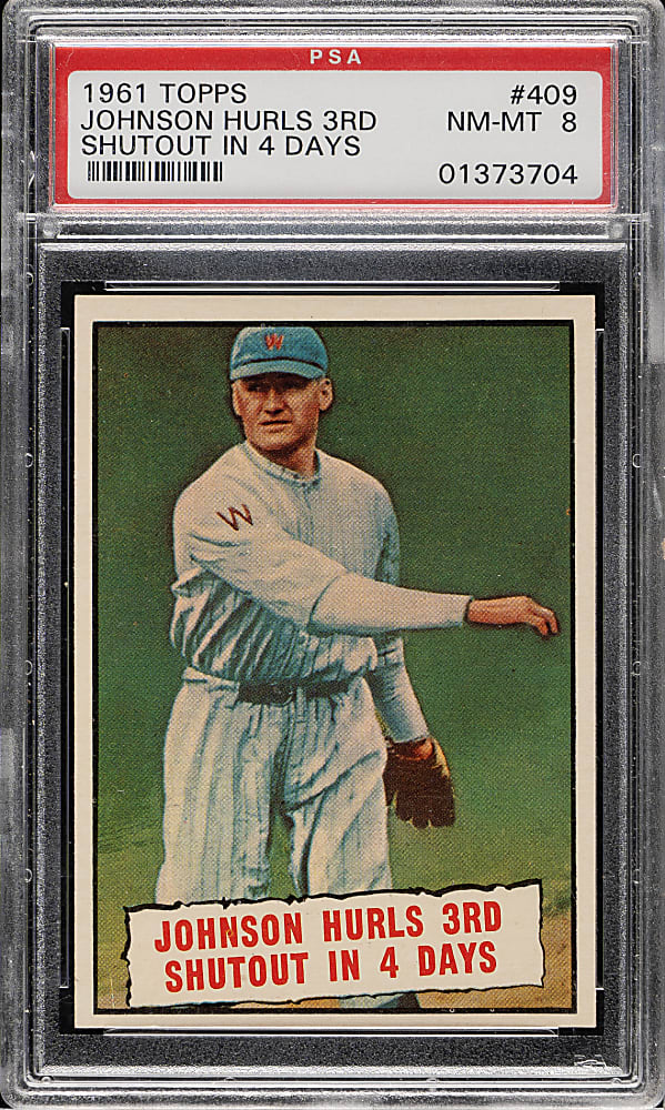 1961 Topps #409 Walter Johnson Hurls 3rd Shutout in Four Days PSA NM-MT 8
