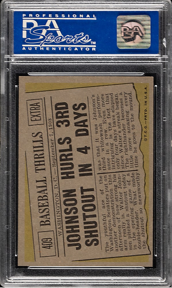 1961 Topps #409 Walter Johnson Hurls 3rd Shutout in Four Days PSA NM-MT 8