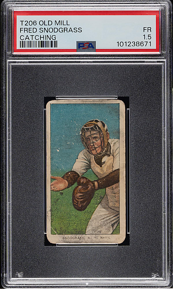 1909-1911 T206 White Border Fred Snodgrass Catching PSA FAIR 1.5 - Old Mill Back