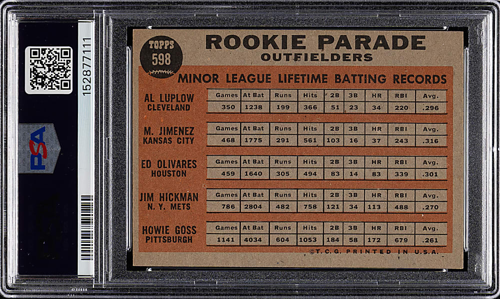 1962 Topps #598 Jim Hickman Rookie PSA EX-MT 6