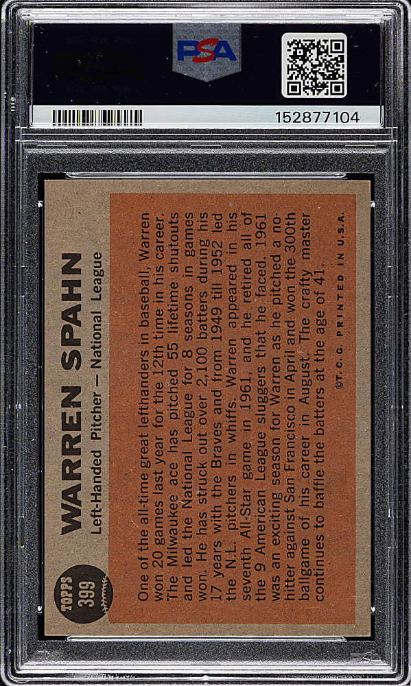 1962 Topps #399 Warren Spahn All-Star PSA EX-MT 6