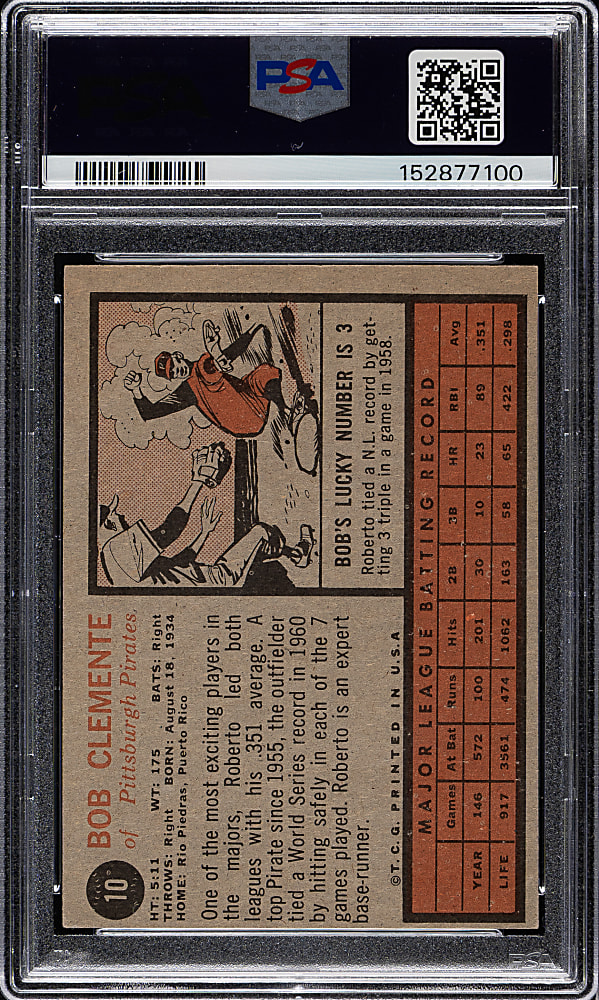 1962 Topps #10 Roberto Clemente PSA EX-MT 6