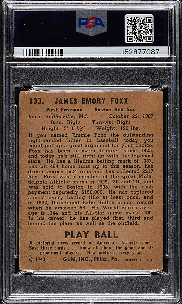 1940 R335 Play Ball #133 Jimmie Foxx PSA GOOD 2 (MK)