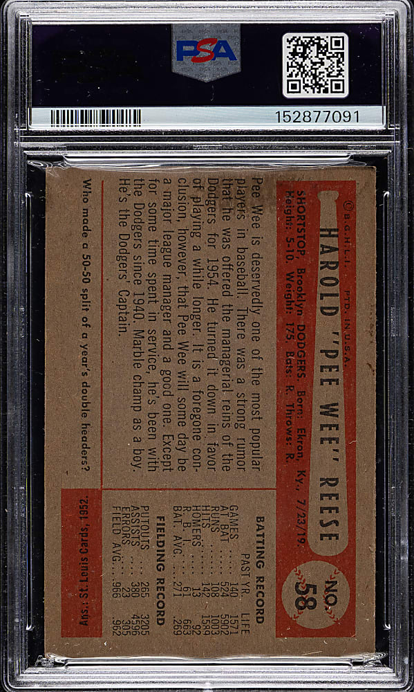 1954 Bowman #58 Pee Wee Reese PSA EX 5