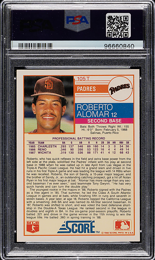 Signed 1988 Score Traded #105T Roberto Alomar Rookie PSA MINT 9 with GEM MINT 10 Signature