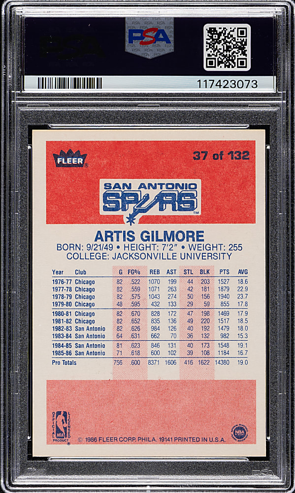 Signed 1986-1987 Fleer Basketball #37 Artis Gilmore PSA/DNA GEM MINT 10