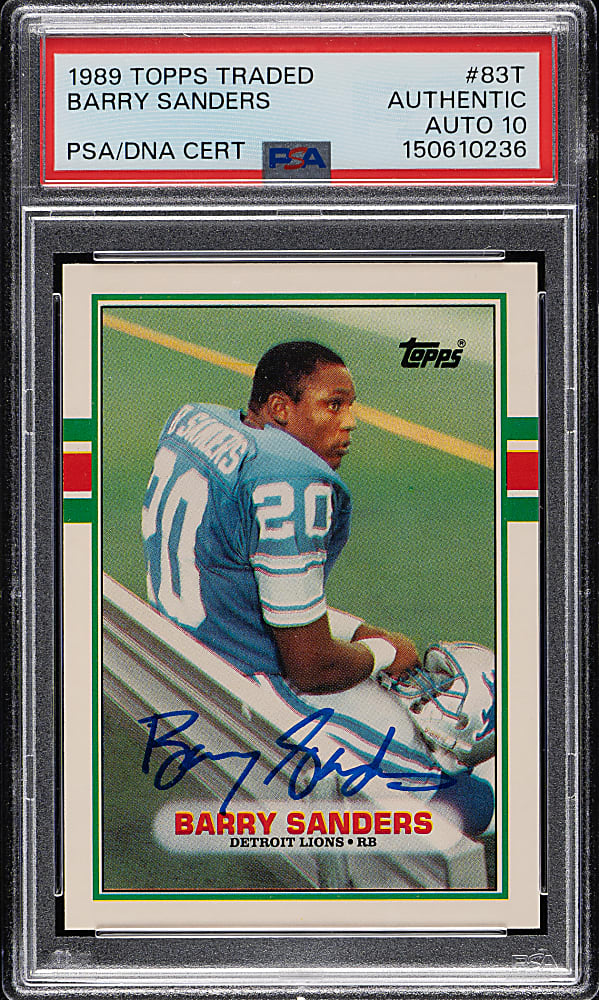 Signed 1989 Topps Traded Football #83T Barry Sanders Rookie PSA/DNA GEM MINT 10
