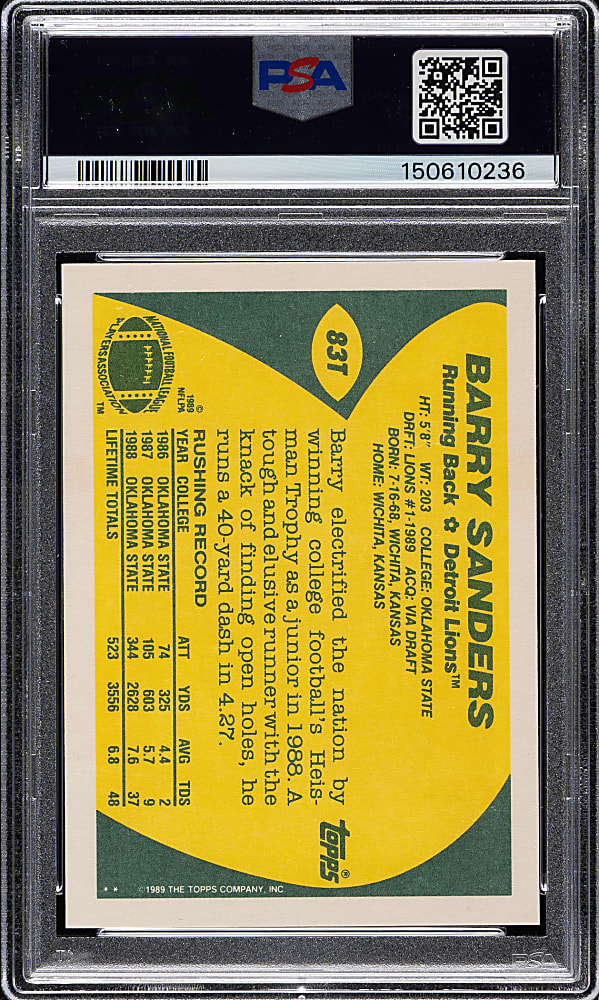 Signed 1989 Topps Traded Football #83T Barry Sanders Rookie PSA/DNA GEM MINT 10