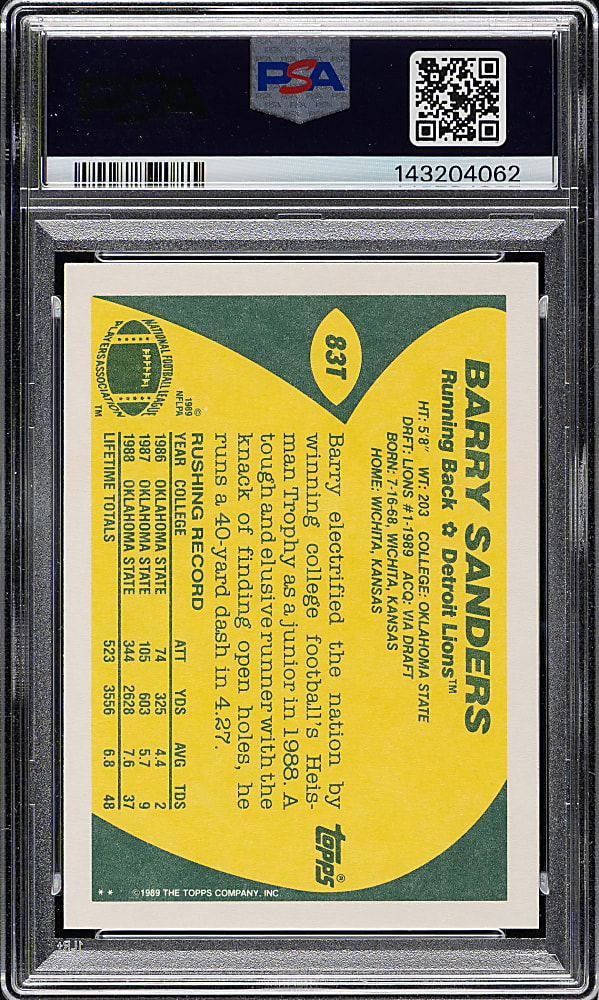 Signed 1989 Topps Traded Football #83T Barry Sanders Rookie PSA MINT 9 with GEM MINT 10 Signature