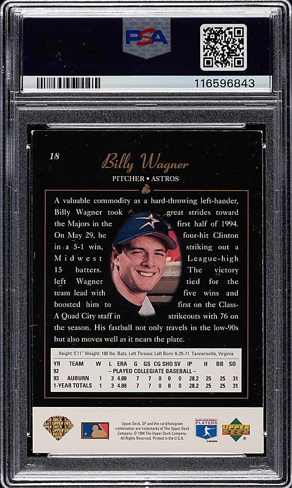 Signed 1994 Upper Deck SP Foil #18 Billy Wagner Rookie PSA/DNA GEM MINT 10