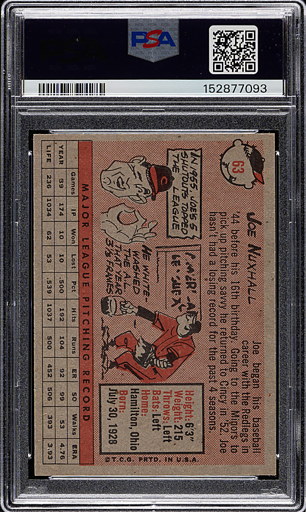1958 Topps #63 Joe Nuxhall PSA NM-MT 8