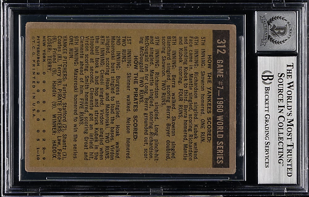 Signed 1961 Topps #312 World Series Game 7 Bill Mazeroski Beckett GEM MINT 10