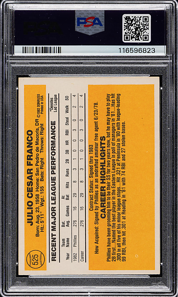 Signed 1983 Donruss #525 Julio Franco PSA/DNA GEM MINT 10