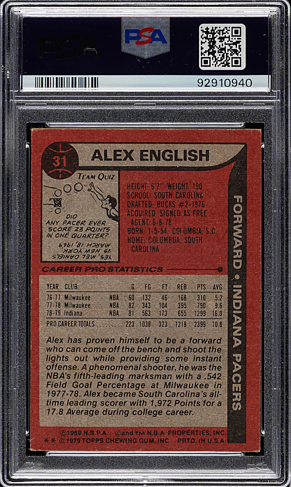 Signed 1979-1980 Topps Basketball #31 Alex English Rookie PSA/DNA GEM MINT 10